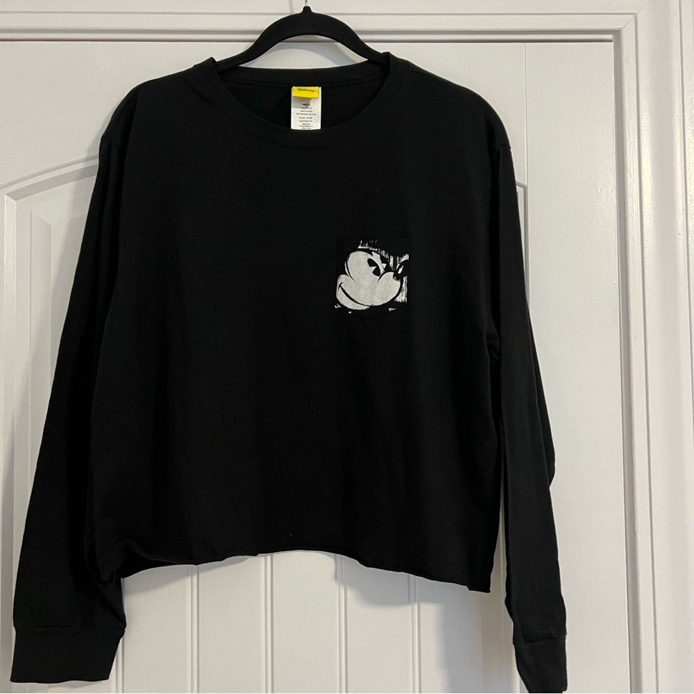 Disney Mickey Mouse Black Cropped Long Sleeve Tee XL Soft 100% Cotton Raw Hem
